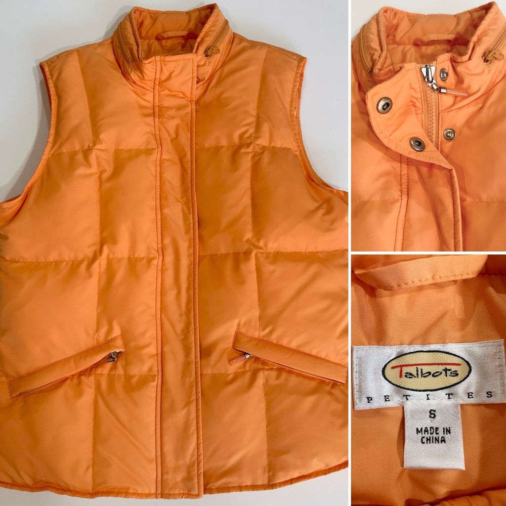 TALBOTS WOMENS QUILTED PUFFER VEST SIZE SMALL (4/6) PETITE ORANGE GOOSE DOWN